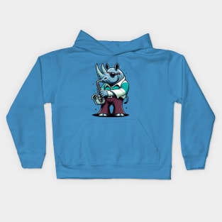 Groovy 70s Saxophone-blowing Rhino - Colorful Cartoon Vector Art Kids Hoodie